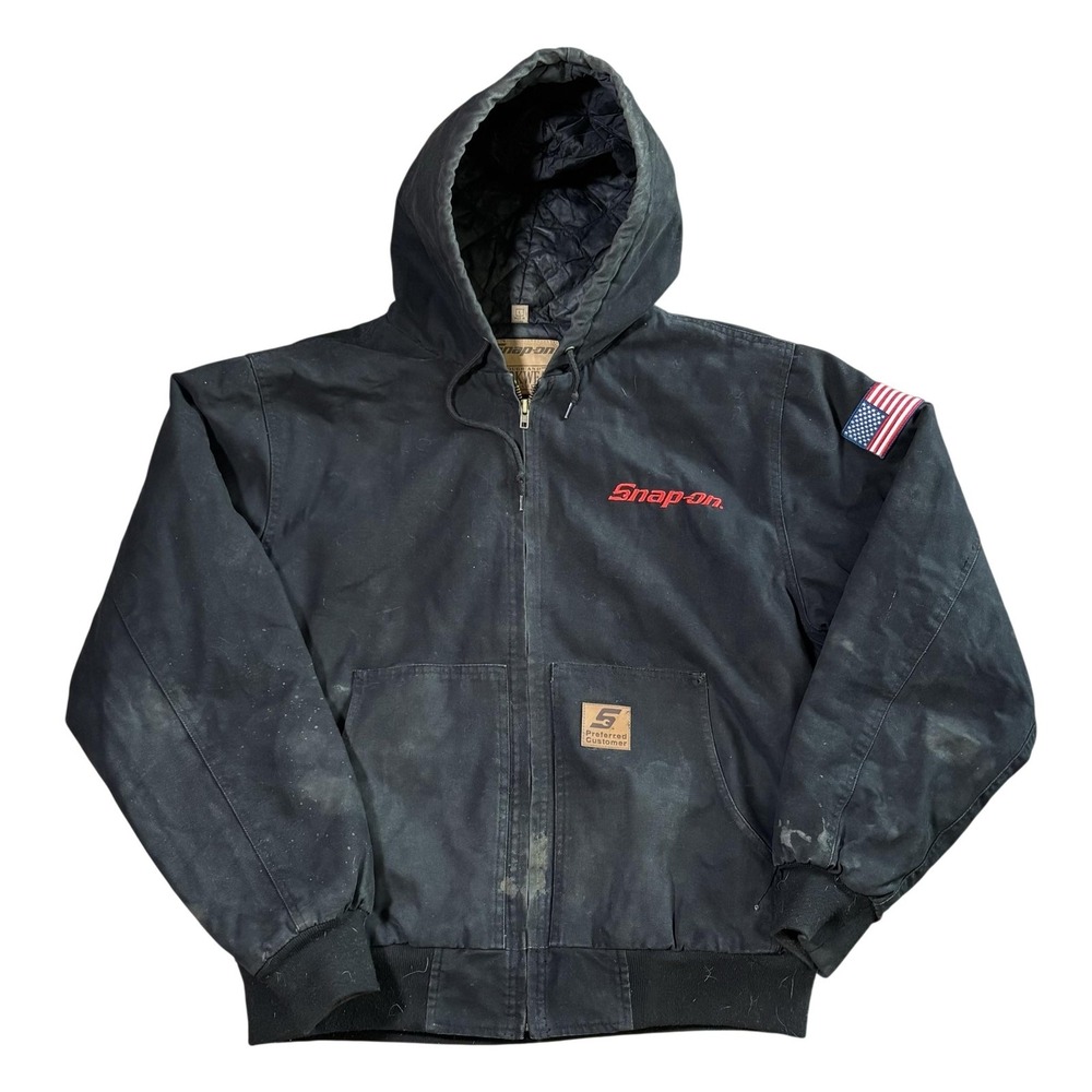 Snap-on Jacket Mens Large Black Hooded Canvas Bomber Full Zip USA Flag Workwear